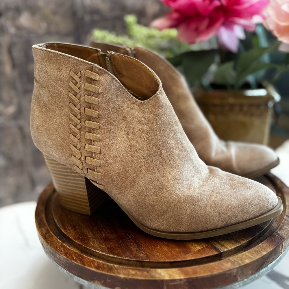Qupid Tan Ankle Booties with Whipstitch Detailing